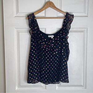 LOFT Black Floral Ruffle Sleeve Sheer Tank